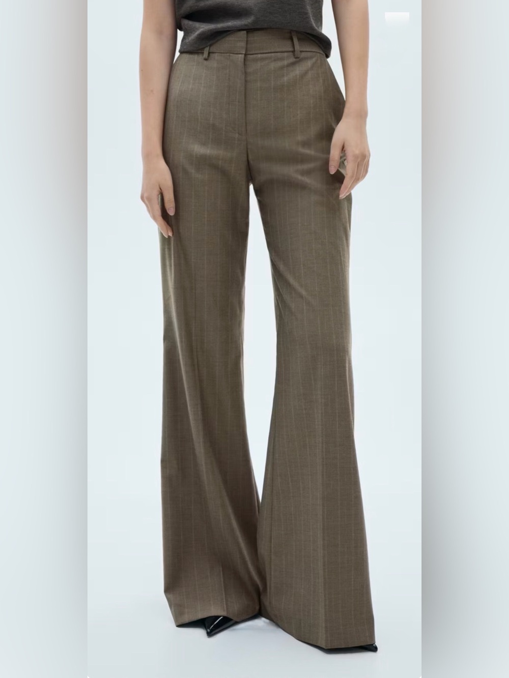 NWT MANGO Pinstripe Brown Wide-Leg Mid-rise Tailored Trousers Pants Size 4